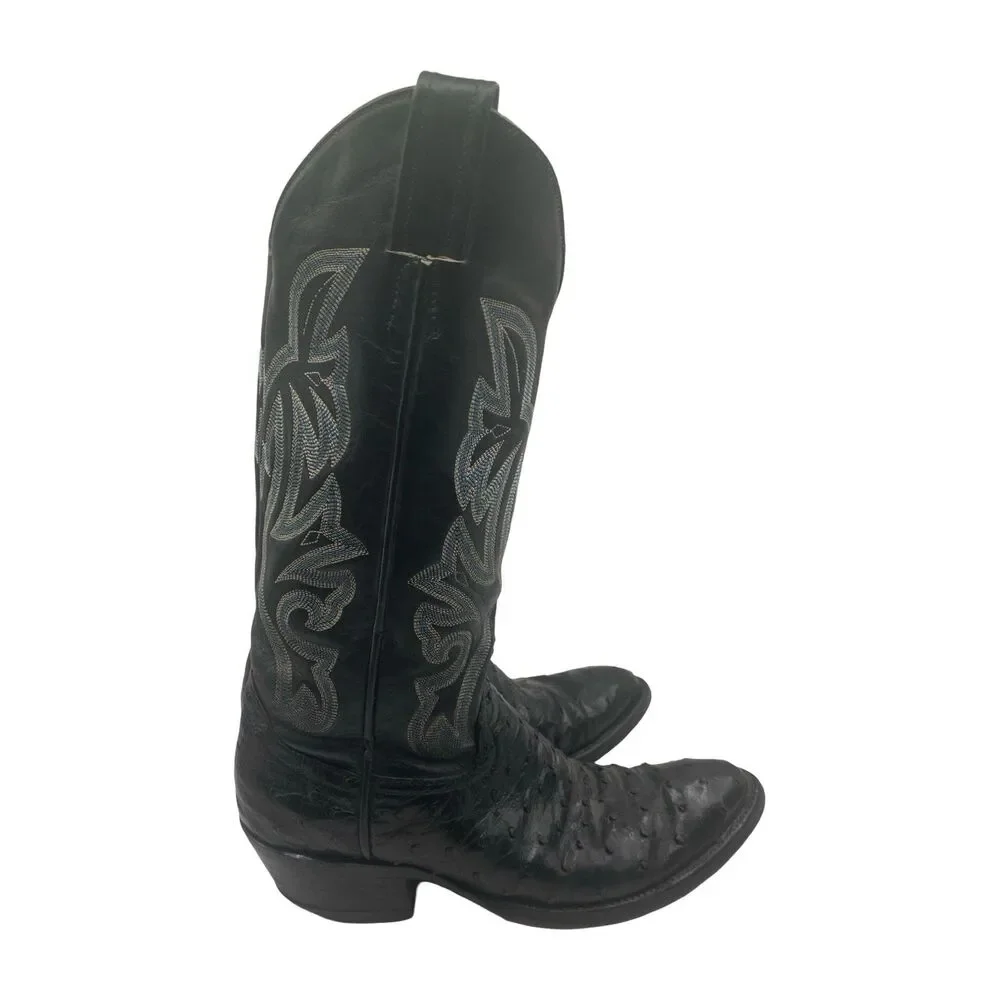 Tony Lama Boots Men's Size 7 D Black Ostrich Leather Cowboy Western USA *Worn